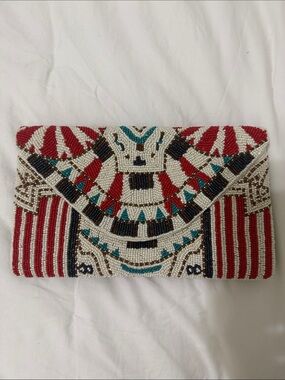 Beaded Red, White & Turquoise Envelope Clutch